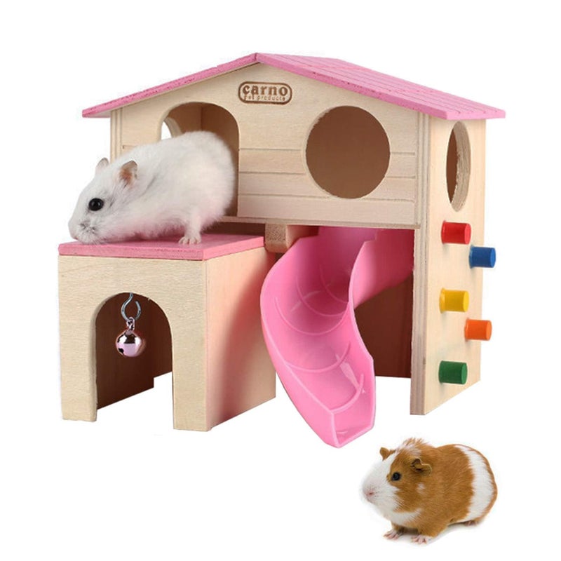 kathson Pet Small Animal Hideout Hamster House with Funny Climbing Ladder Slide Wooden Hut Play Toys Chews for Small Animals Like Dwarf Hamster and Mouse(Pink) - Image 1